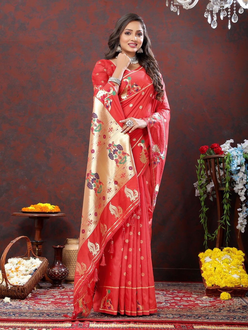 Vedant Vastram Red Color Paithani Silk Saree - Red | Grocsy