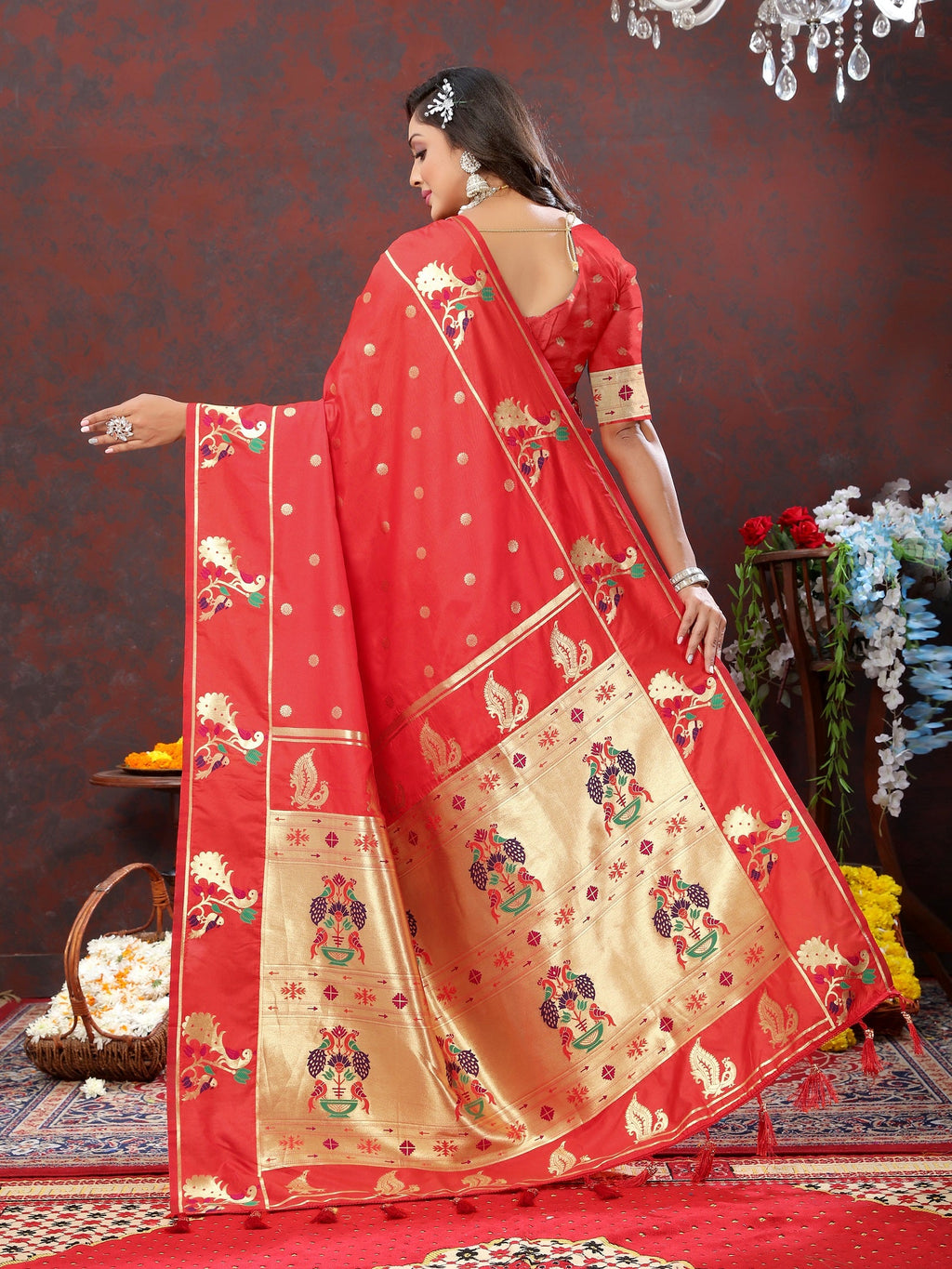 Vedant Vastram Red Color Paithani Silk Saree - Red | Grocsy