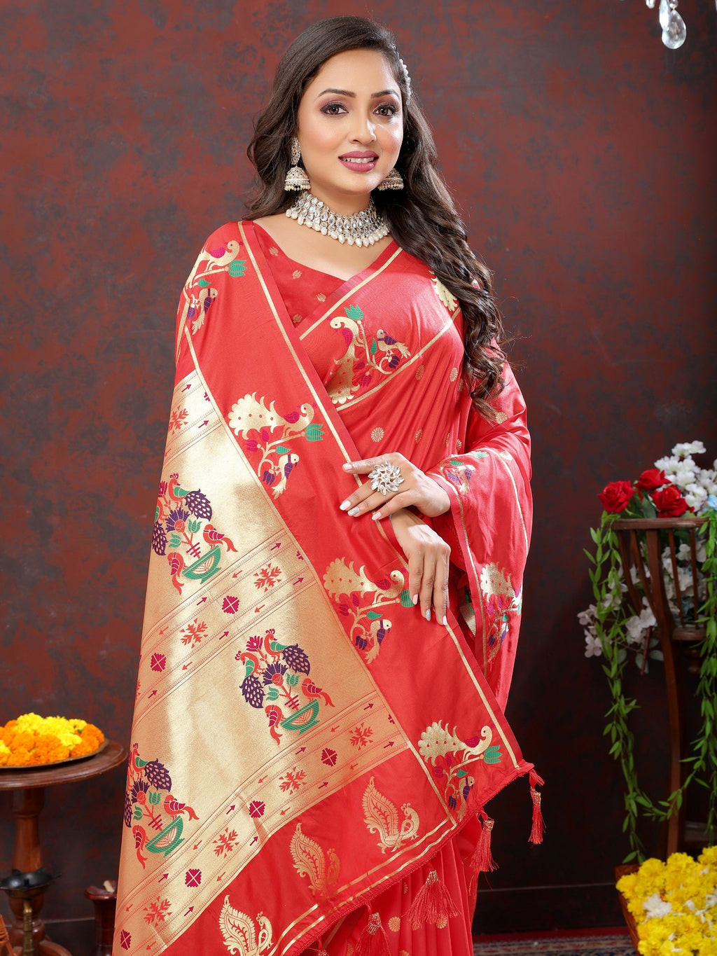 Vedant Vastram Red Color Paithani Silk Saree - Red | Grocsy