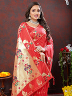Vedant Vastram Red Color Paithani Silk Saree - Red | Grocsy
