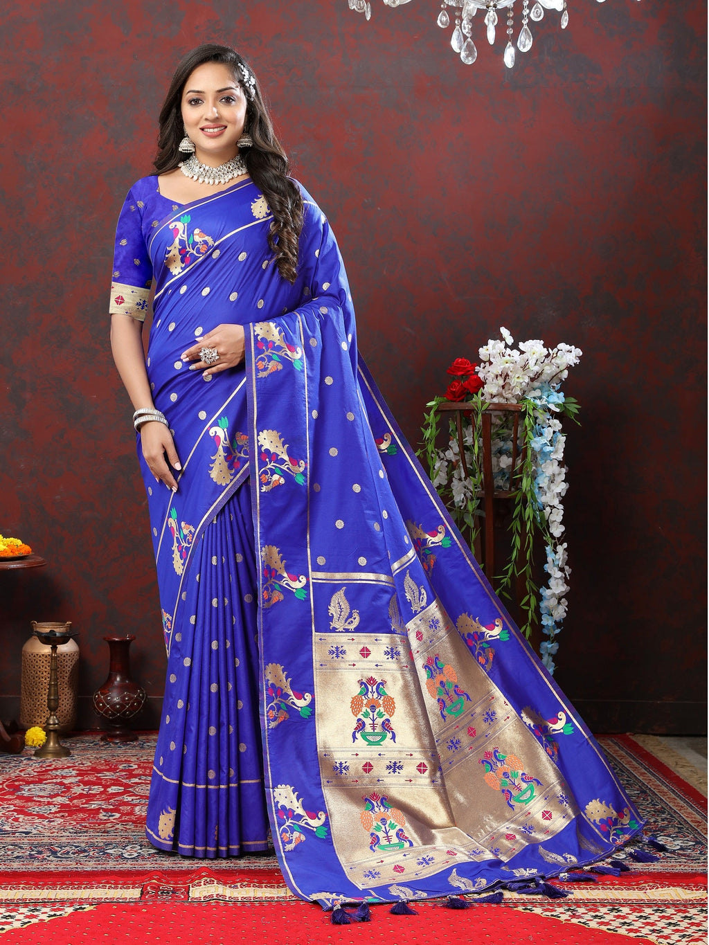 Vedant Vastram Royal Blue Color Paithani Silk Saree - Royal Blue | Grocsy