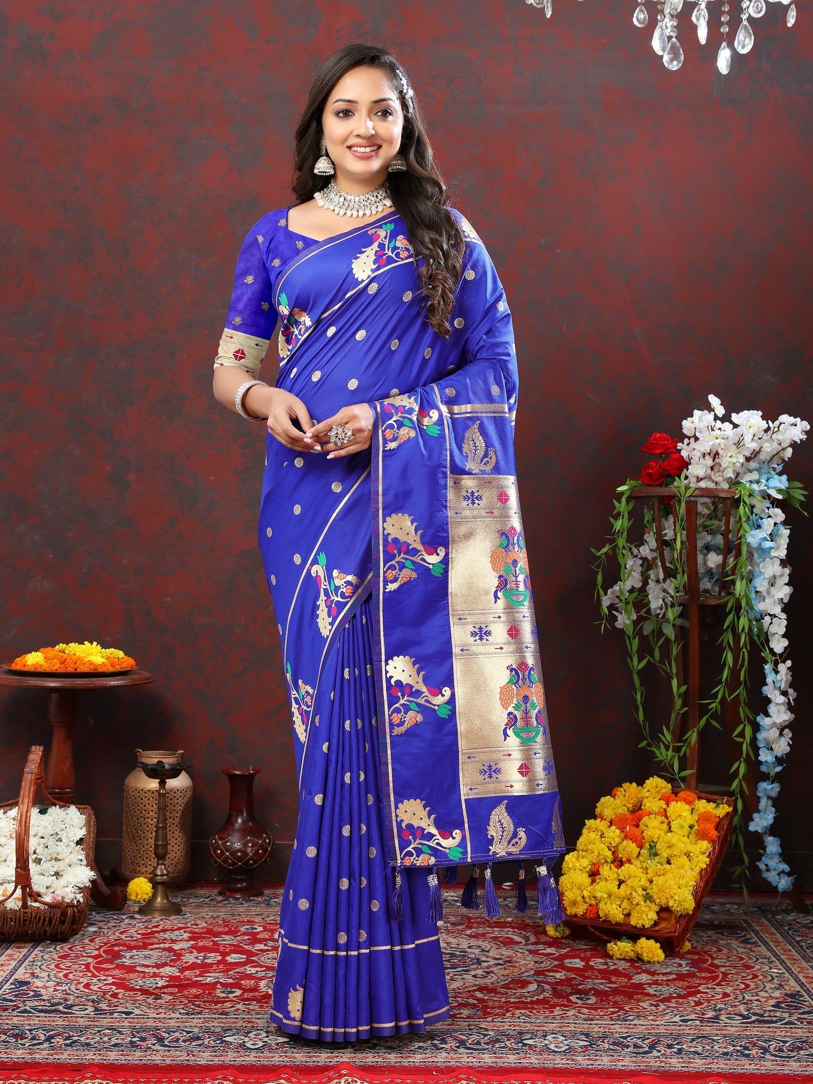 Vedant Vastram Royal Blue Color Paithani Silk Saree - Royal Blue | Grocsy