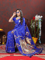 Vedant Vastram Royal Blue Color Paithani Silk Saree - Royal Blue | Grocsy
