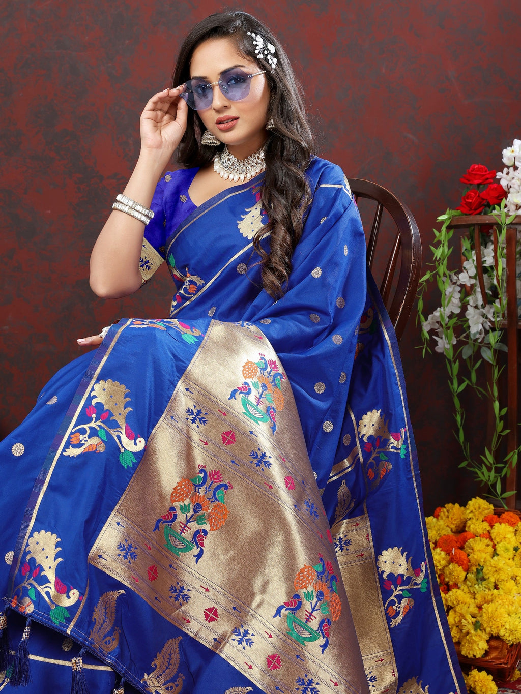 Vedant Vastram Royal Blue Color Paithani Silk Saree - Royal Blue | Grocsy