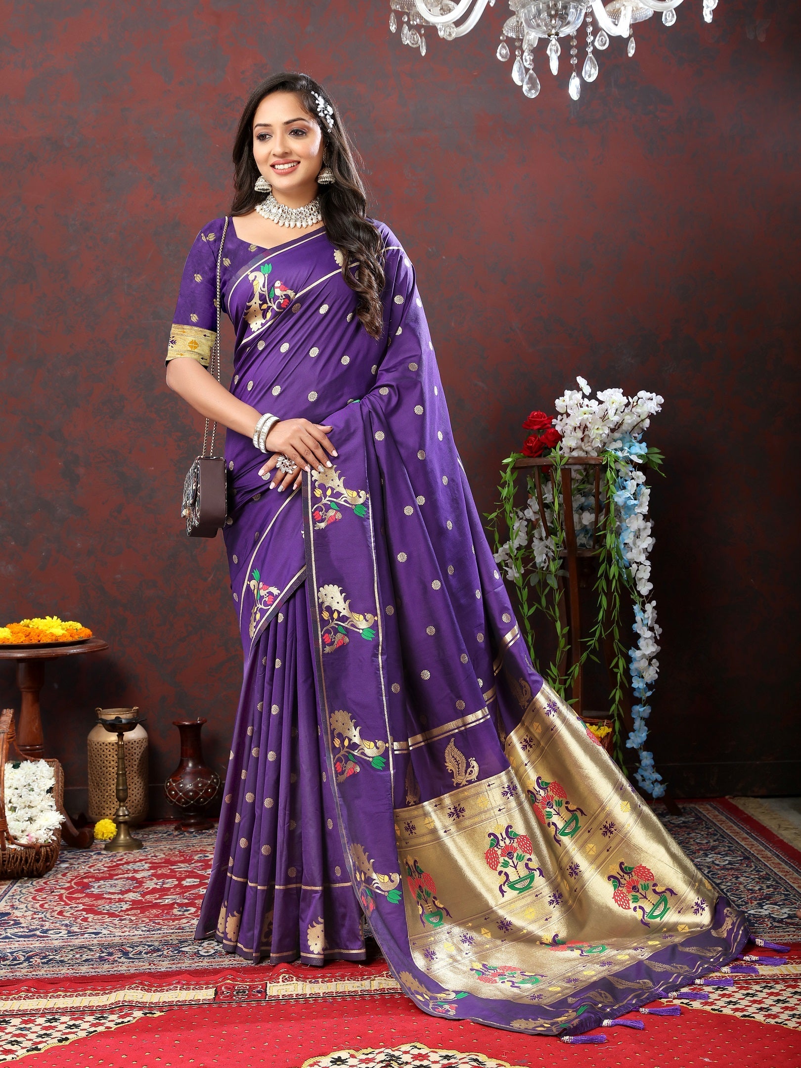 Vedant Vastram Violet Color Paithani Silk Saree - Violet | Grocsy