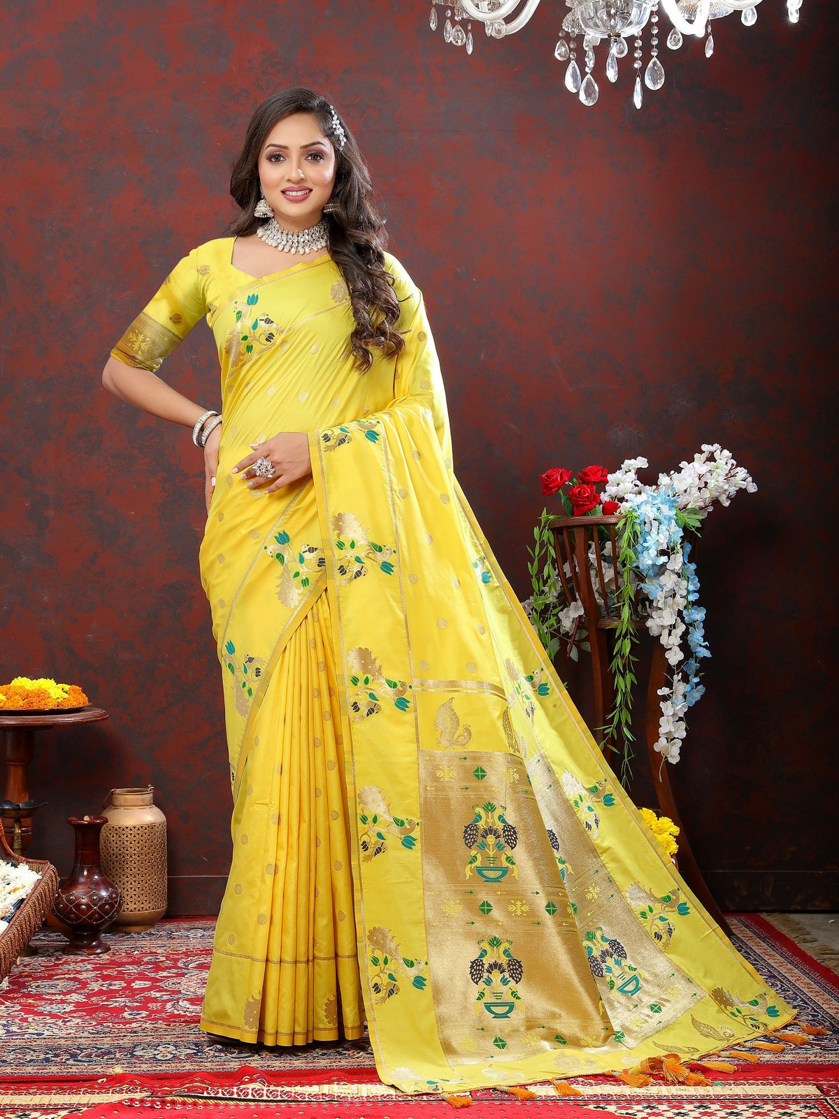 Vedant Vastram Yellow Color Paithani Silk Saree - Yellow | Grocsy