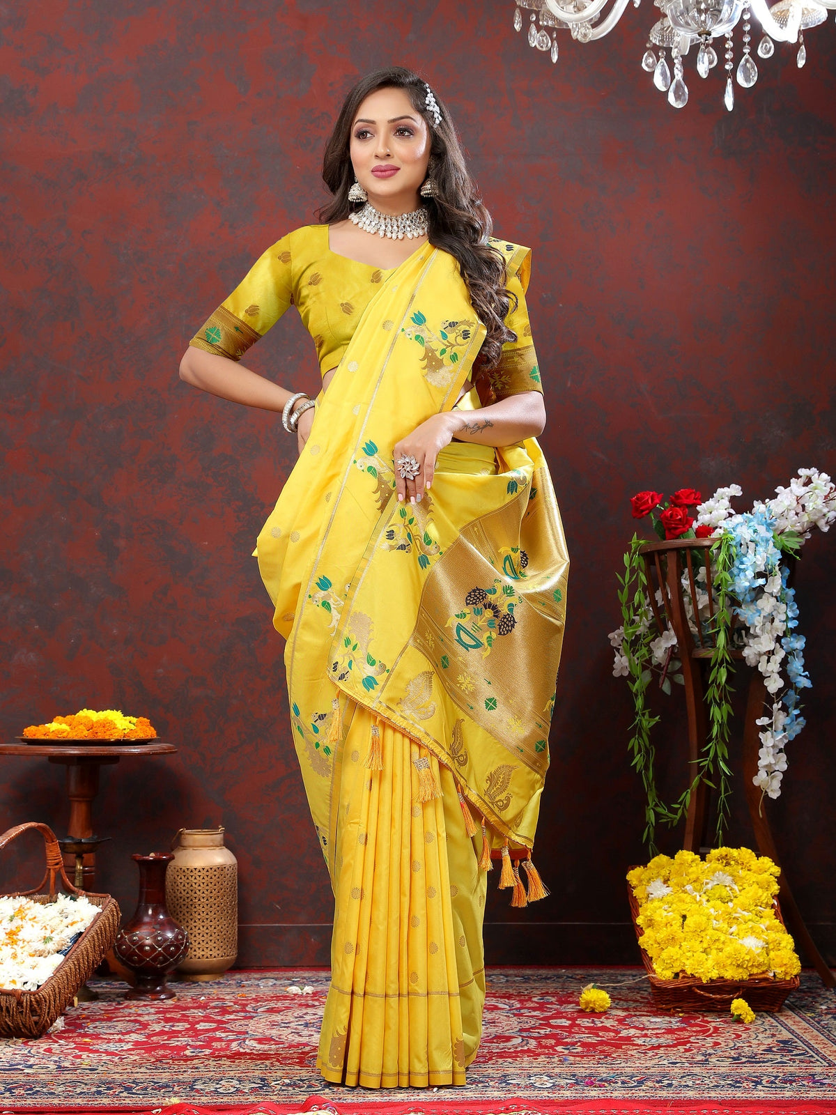 Vedant Vastram Yellow Color Paithani Silk Saree - Yellow | Grocsy