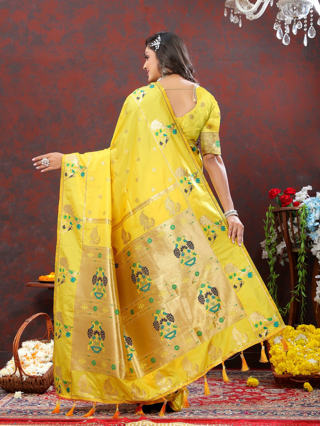 Vedant Vastram Yellow Color Paithani Silk Saree - Yellow | Grocsy