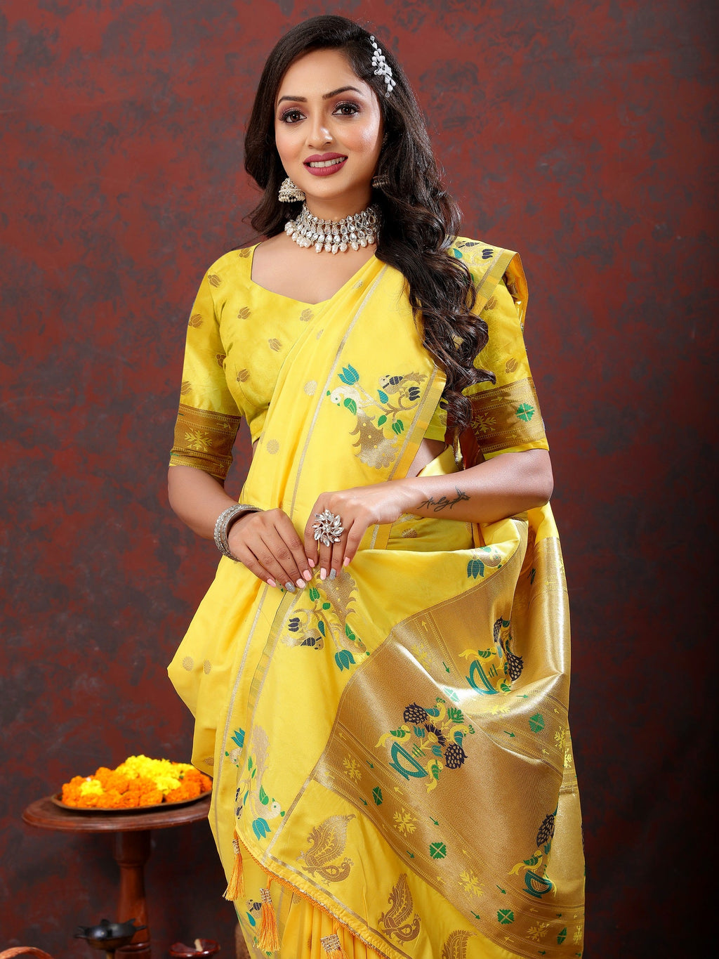 Vedant Vastram Yellow Color Paithani Silk Saree - Yellow | Grocsy
