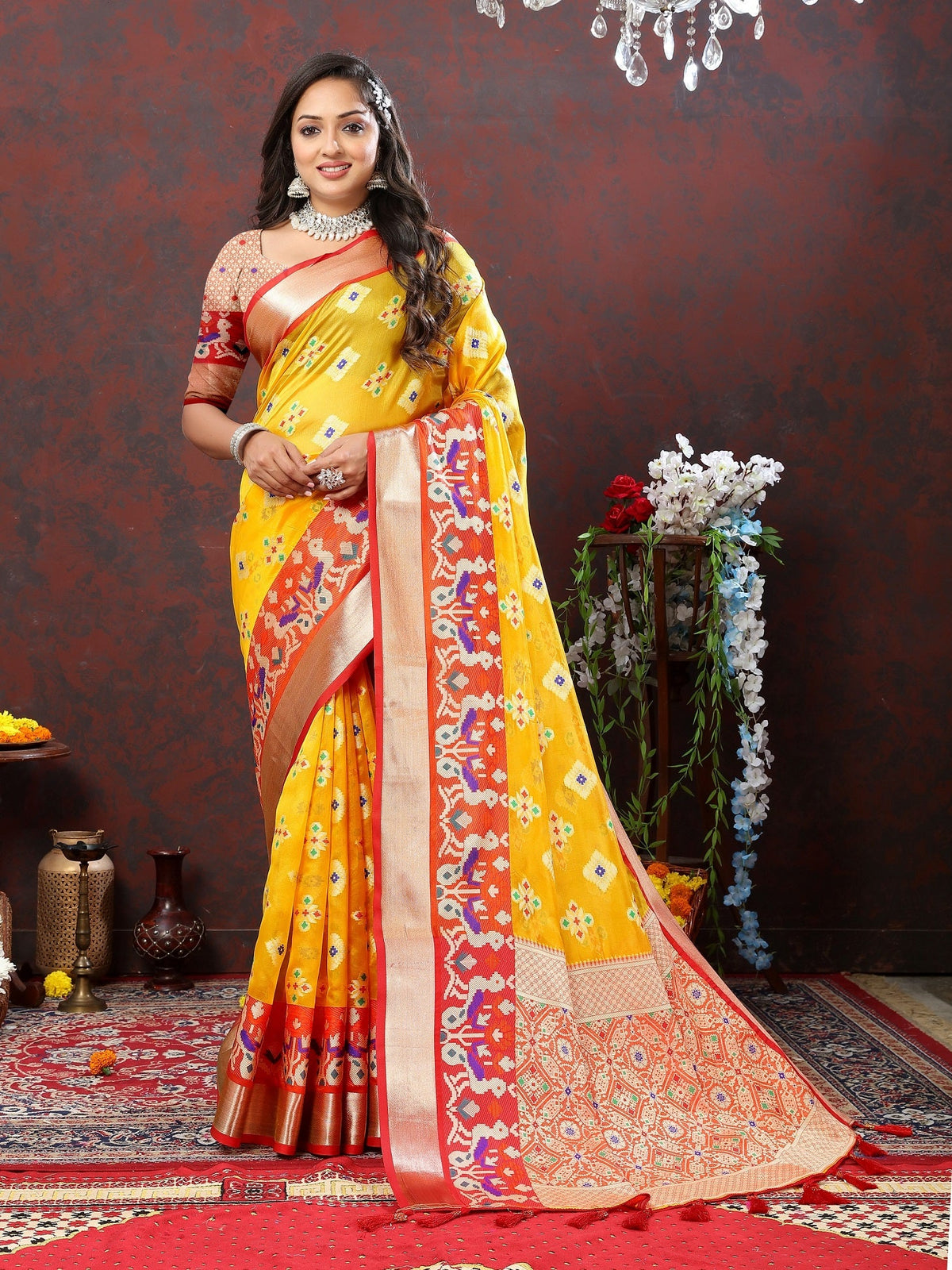 Vedant Vastram Mustard Color Kanjeevaram Patola Silk Saree - Mustard | Grocsy