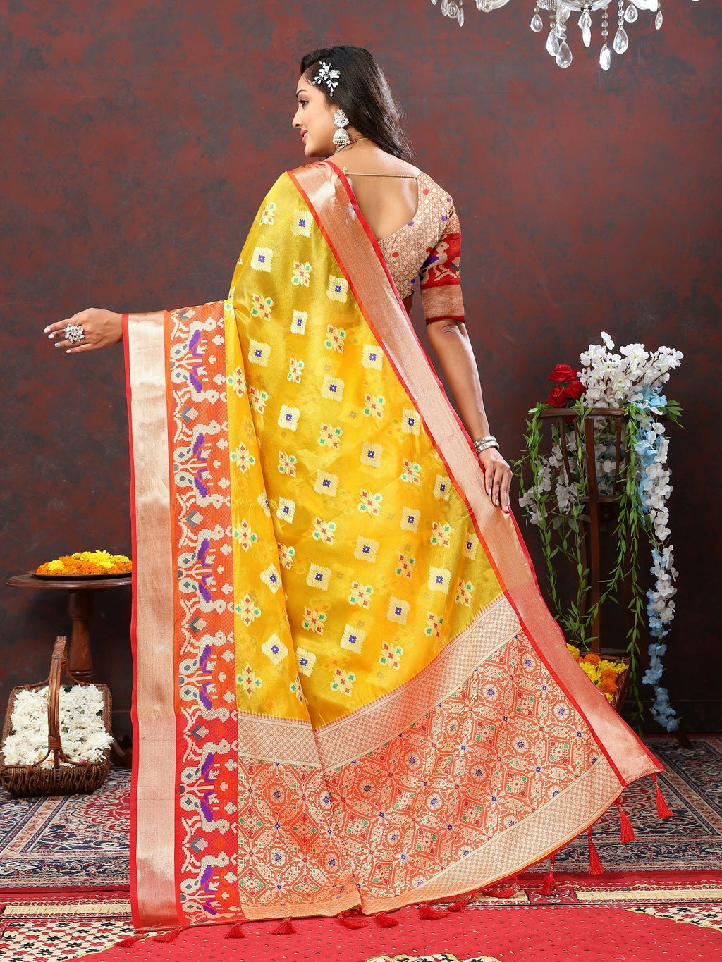 Vedant Vastram Mustard Color Kanjeevaram Patola Silk Saree - Mustard | Grocsy