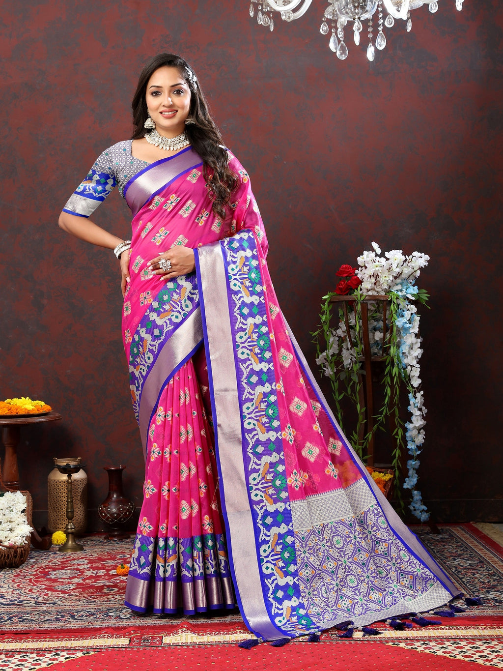 Vedant Vastram Rani Pink Color Kanjeevaram Patola Silk Saree - Rani Pink | Grocsy