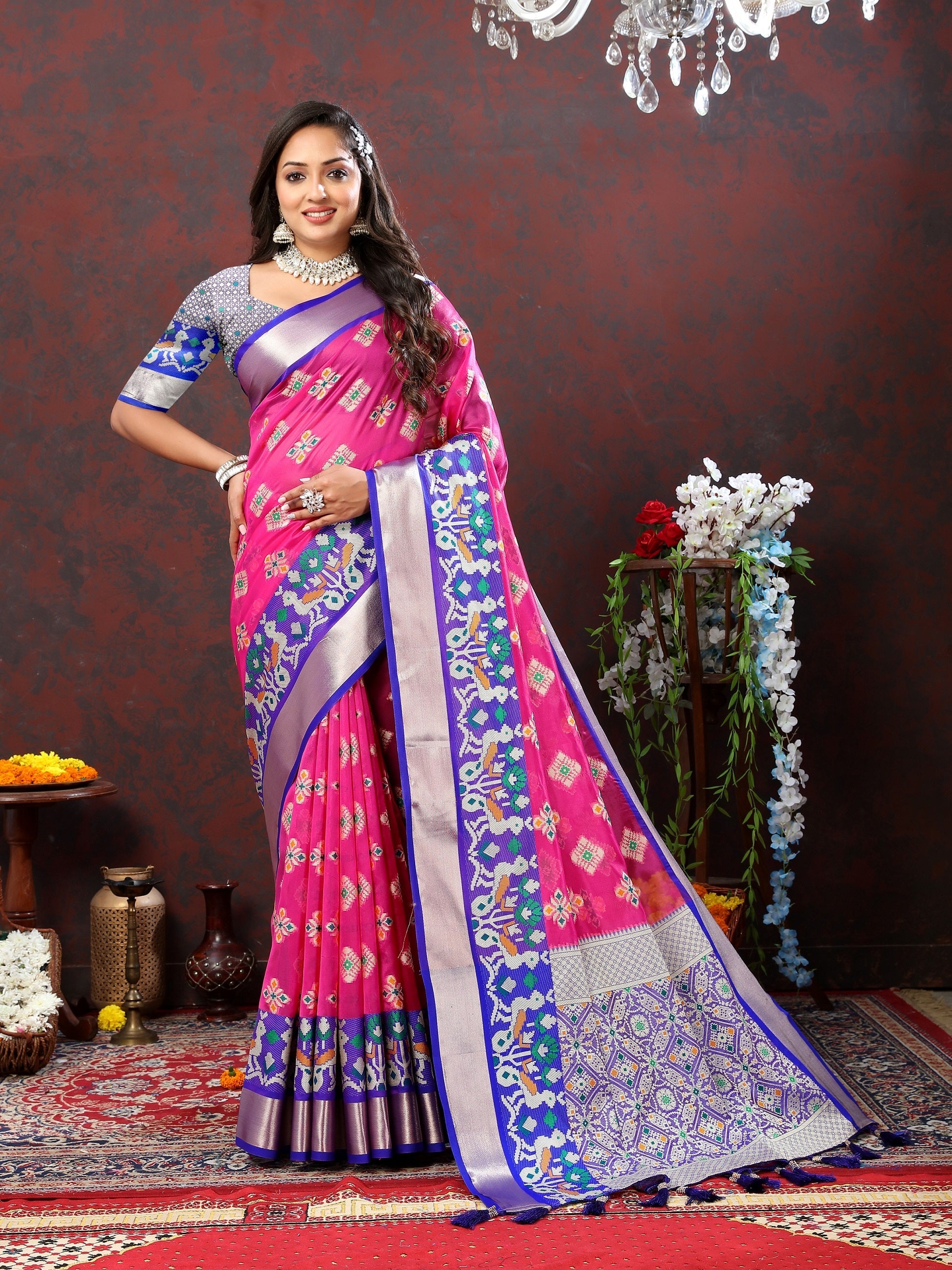 Vedant Vastram Rani Pink Color Kanjeevaram Patola Silk Saree - Rani Pink | Grocsy