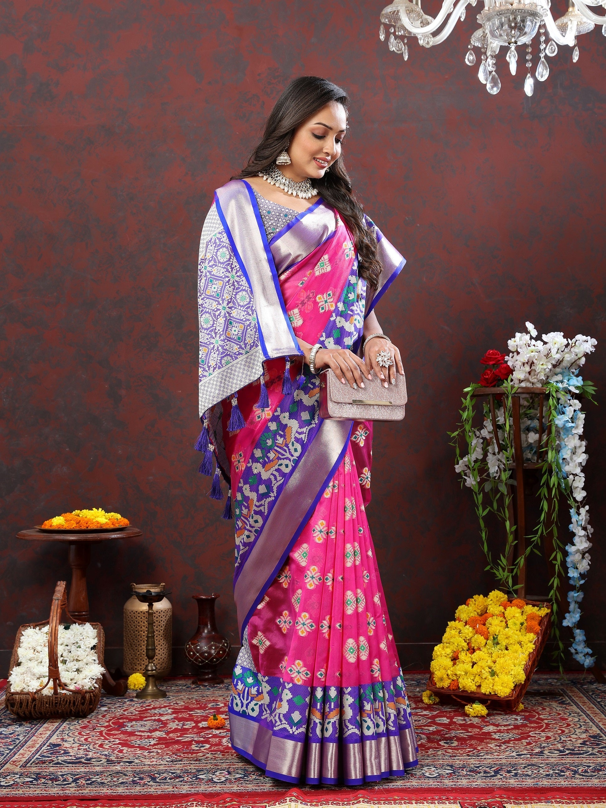 Vedant Vastram Rani Pink Color Kanjeevaram Patola Silk Saree - Rani Pink | Grocsy