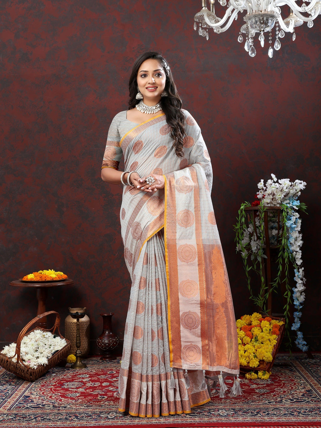 Vedant Vastram Grey Color Kanjeevaram Cotton Silk Saree - Grey | Grocsy