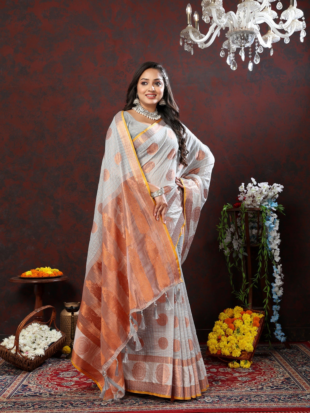 Vedant Vastram Grey Color Kanjeevaram Cotton Silk Saree - Grey | Grocsy