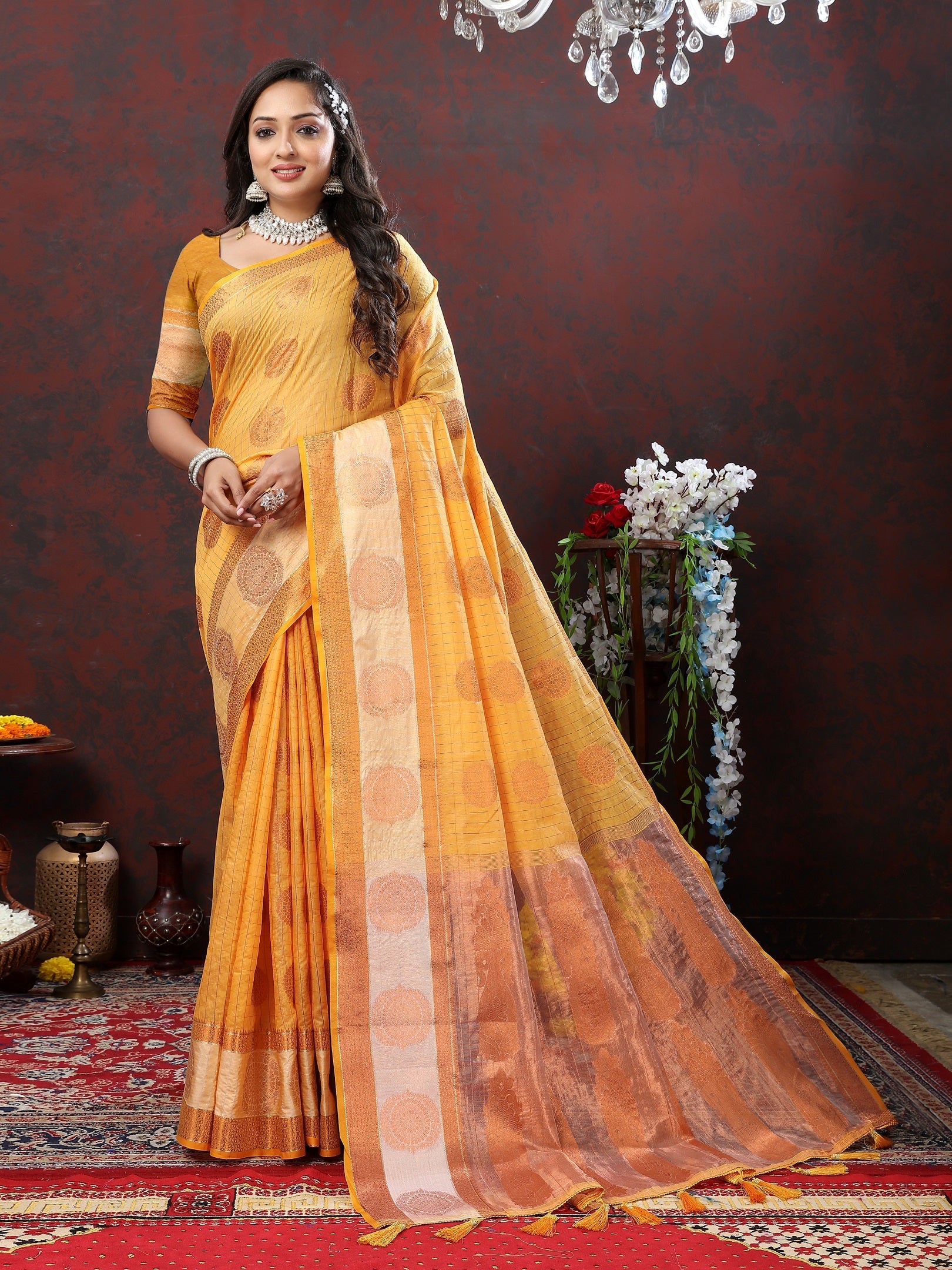 Vedant Vastram Mustard Color Kanjeevaram Cotton Silk Saree - Mustard | Grocsy