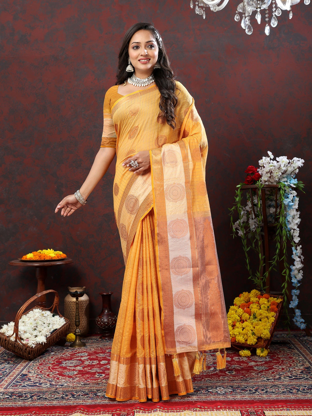 Vedant Vastram Mustard Color Kanjeevaram Cotton Silk Saree - Mustard | Grocsy