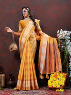 Vedant Vastram Mustard Color Kanjeevaram Cotton Silk Saree - Mustard | Grocsy