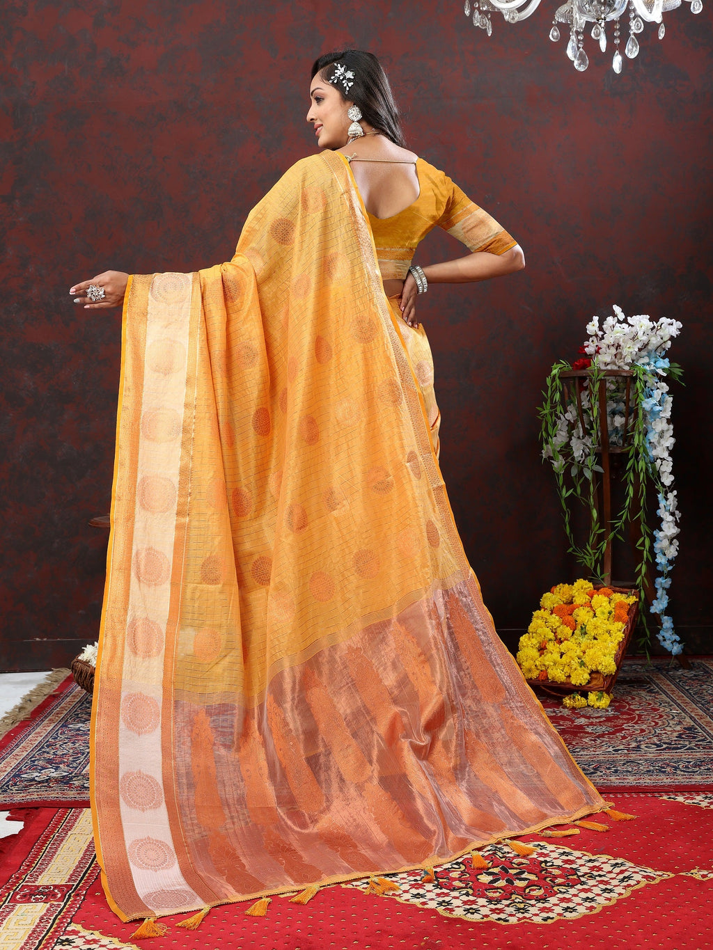 Vedant Vastram Mustard Color Kanjeevaram Cotton Silk Saree - Mustard | Grocsy