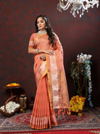 Vedant Vastram Peach Color Kanjeevaram Cotton Silk Saree - Peach | Grocsy