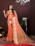 Vedant Vastram Peach Color Kanjeevaram Cotton Silk Saree - Peach | Grocsy