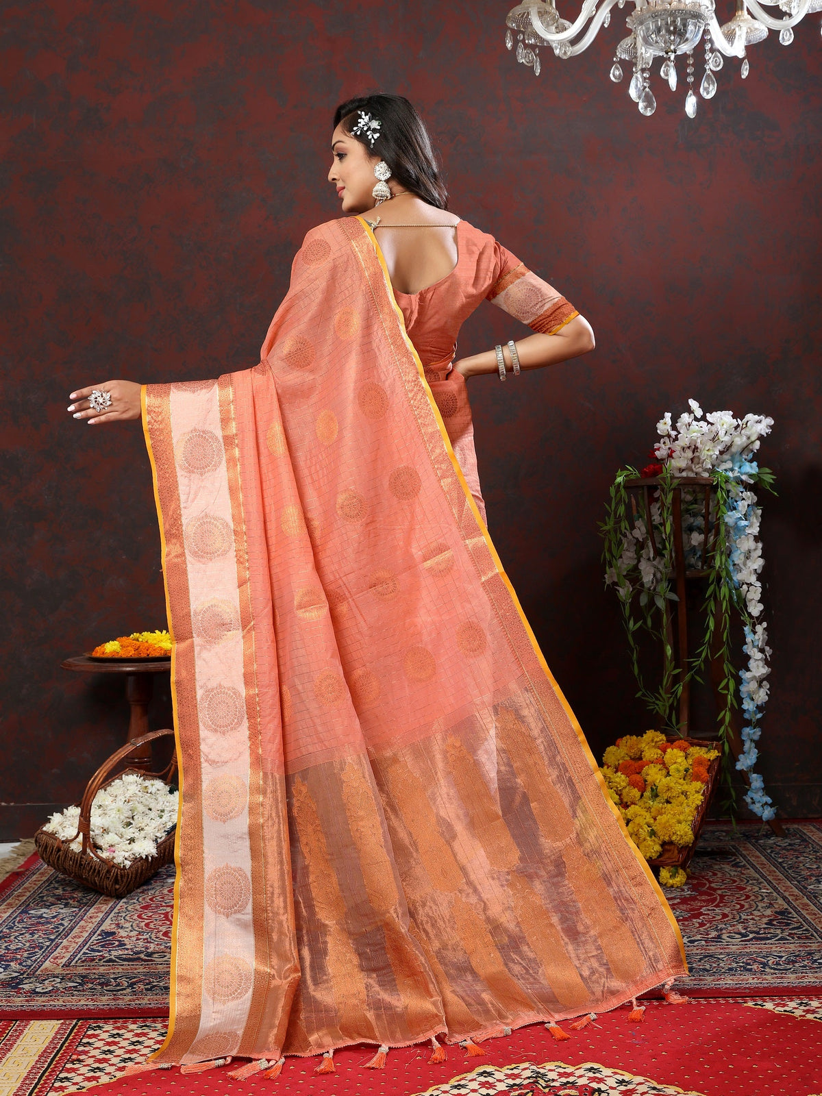 Vedant Vastram Peach Color Kanjeevaram Cotton Silk Saree - Peach | Grocsy