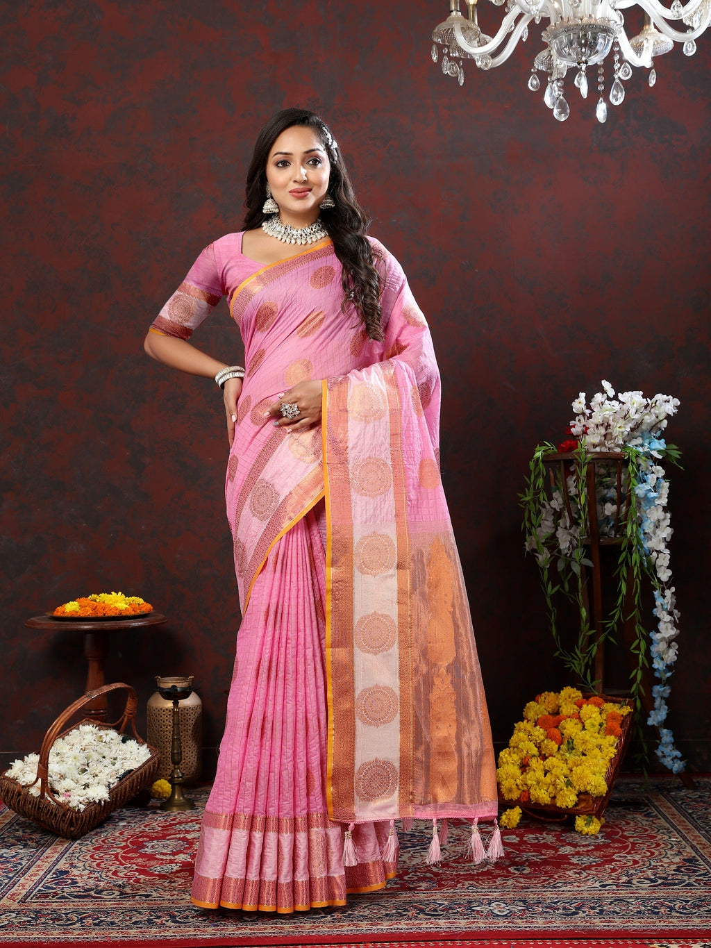 Vedant Vastram Pink Color Kanjeevaram Cotton Silk Saree - Pink | Grocsy