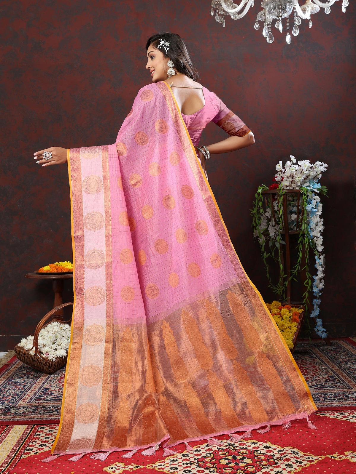 Vedant Vastram Pink Color Kanjeevaram Cotton Silk Saree - Pink | Grocsy