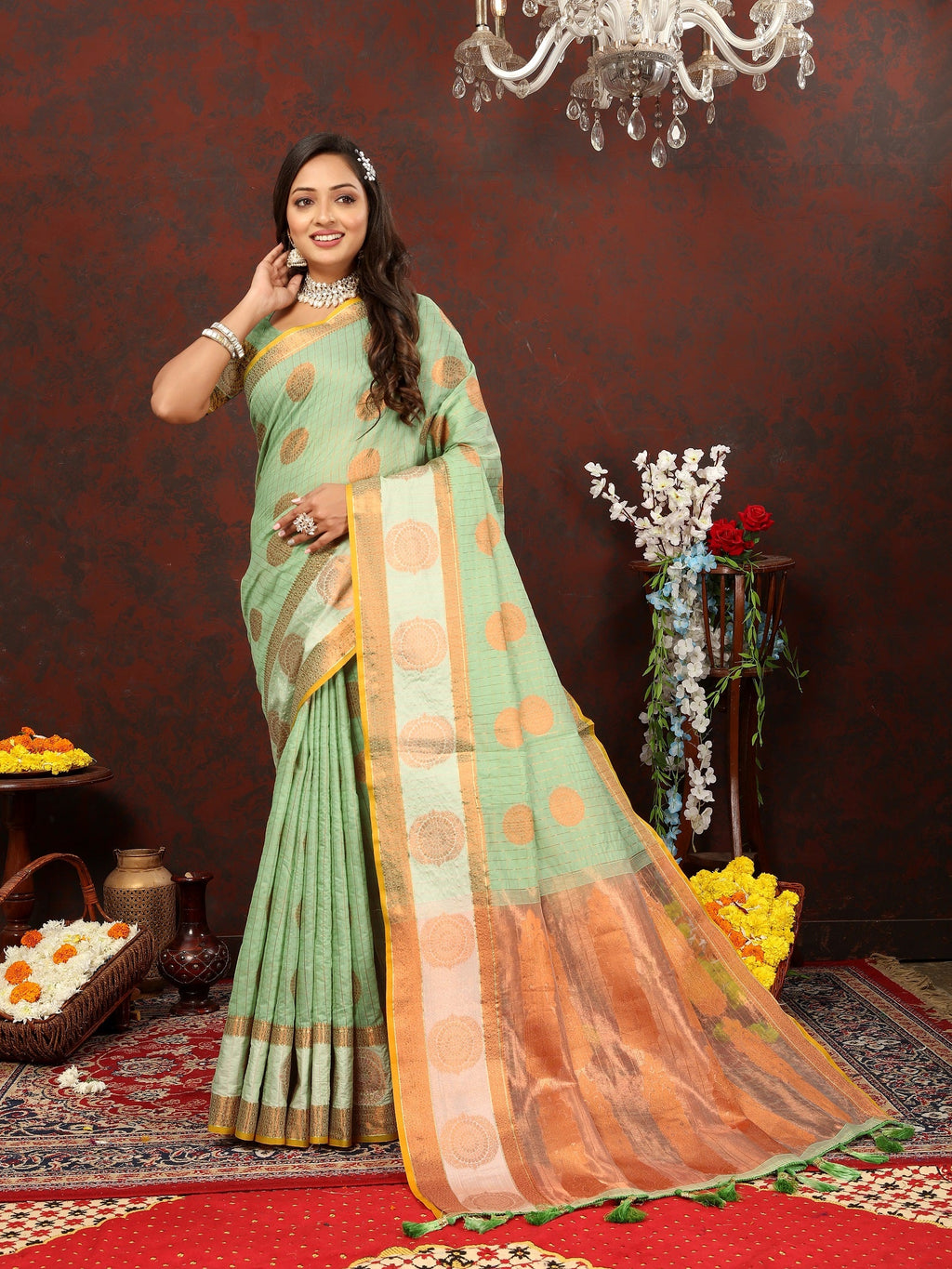 Vedant Vastram Pista Color Kanjeevaram Cotton Silk Saree - Pista | Grocsy