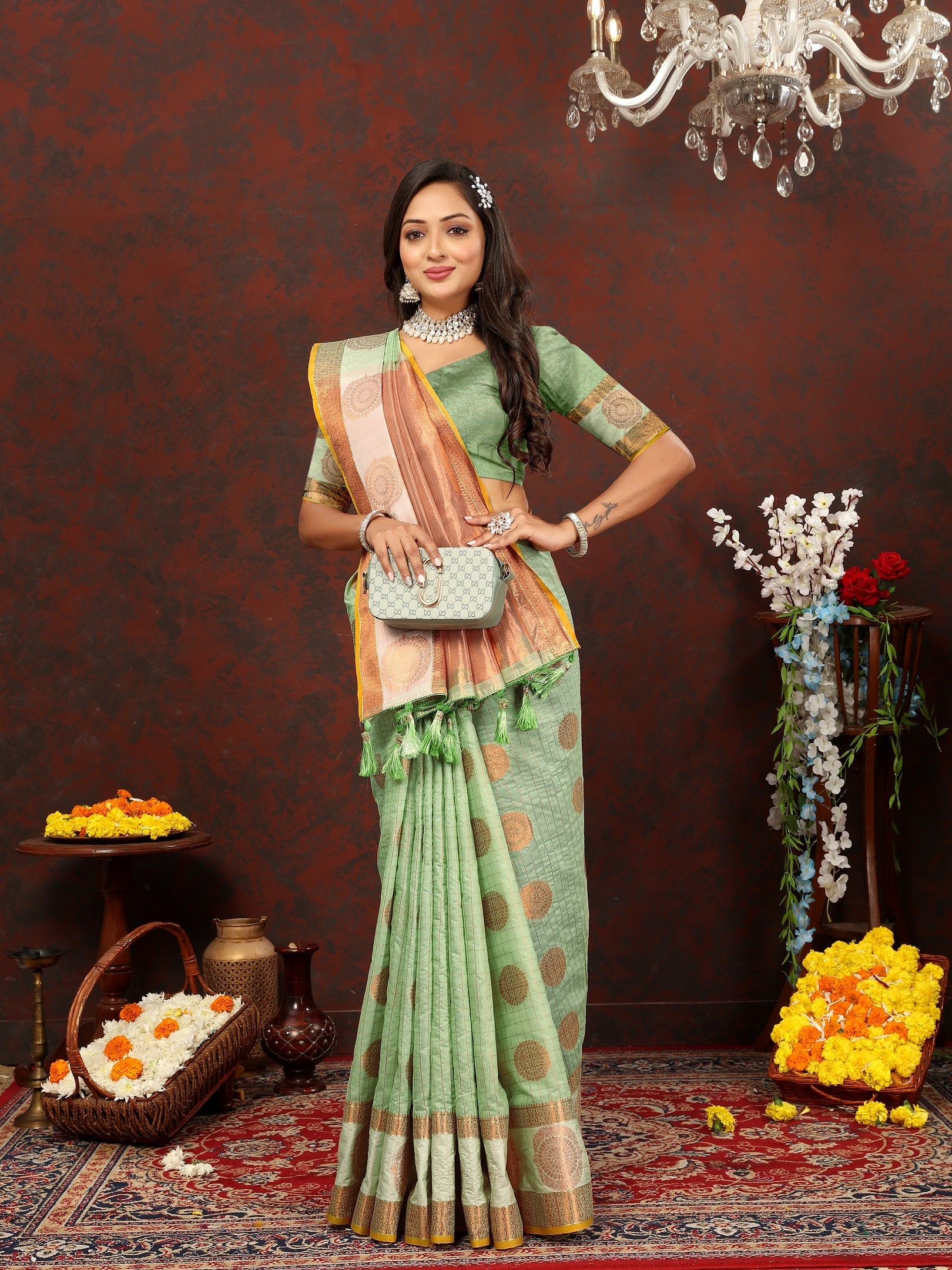 Vedant Vastram Pista Color Kanjeevaram Cotton Silk Saree - Pista | Grocsy