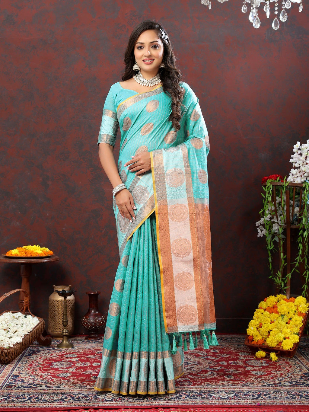 Vedant Vastram Turquoise Color Kanjeevaram Cotton Silk Saree - Turquoise | Grocsy