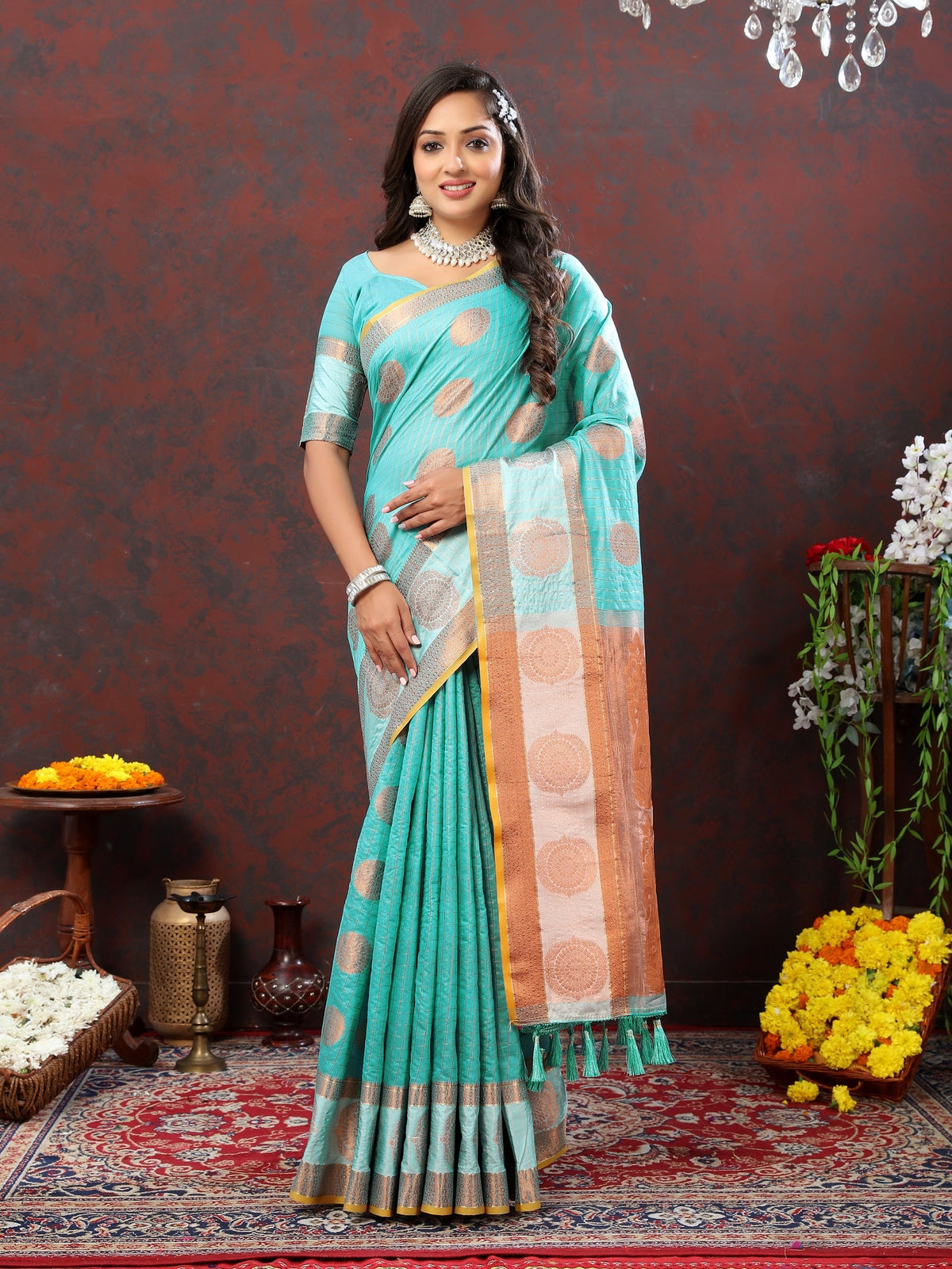 Vedant Vastram Turquoise Color Kanjeevaram Cotton Silk Saree - Turquoise | Grocsy