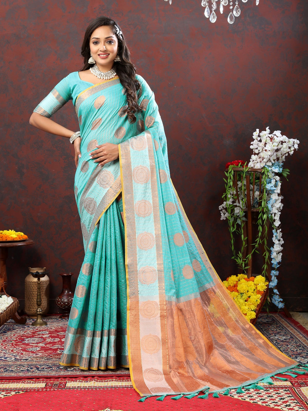 Vedant Vastram Turquoise Color Kanjeevaram Cotton Silk Saree - Turquoise | Grocsy