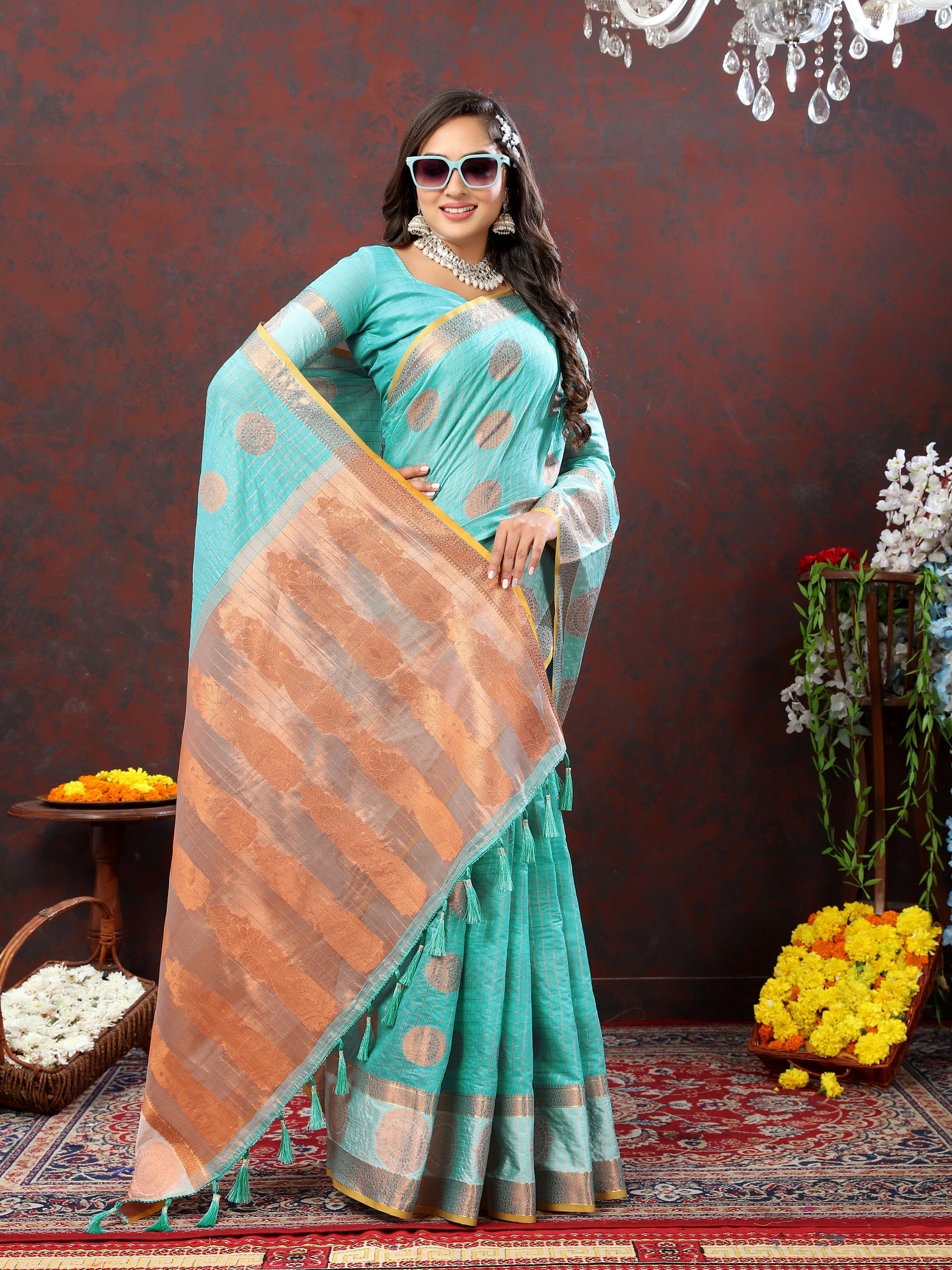 Vedant Vastram Turquoise Color Kanjeevaram Cotton Silk Saree - Turquoise | Grocsy