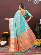 Vedant Vastram Turquoise Color Kanjeevaram Cotton Silk Saree - Turquoise | Grocsy