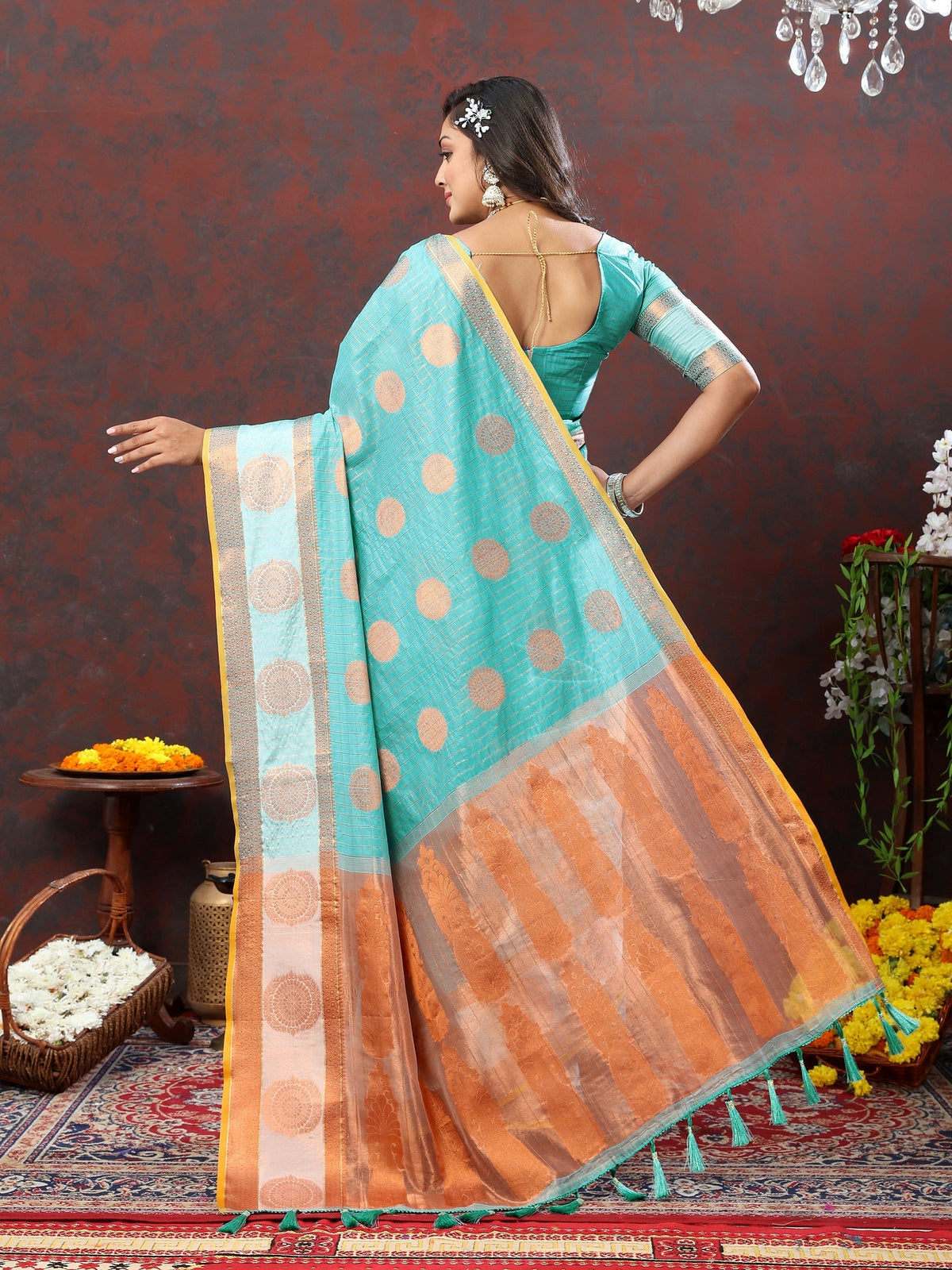Vedant Vastram Turquoise Color Kanjeevaram Cotton Silk Saree - Turquoise | Grocsy