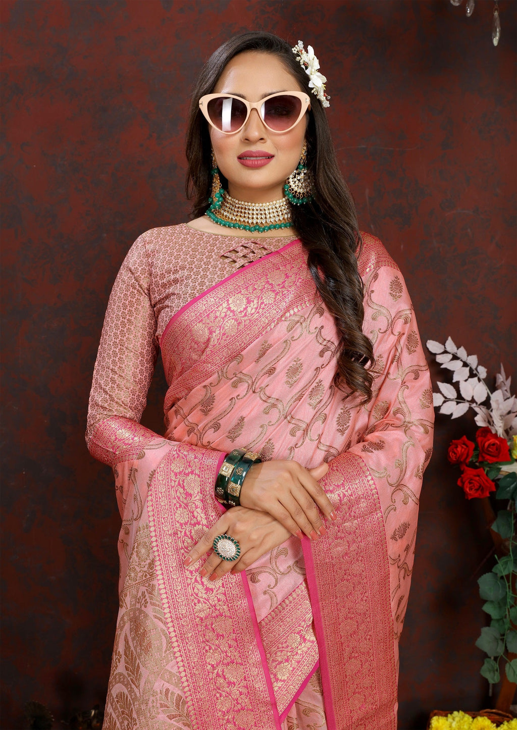Vedant Vastram Baby Pink Color Banarasi Silk Saree - Baby Pink | Grocsy