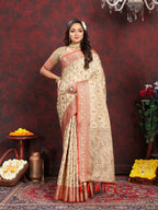 Vedant Vastram Beige Color Banarasi Silk Saree - Beige | Grocsy