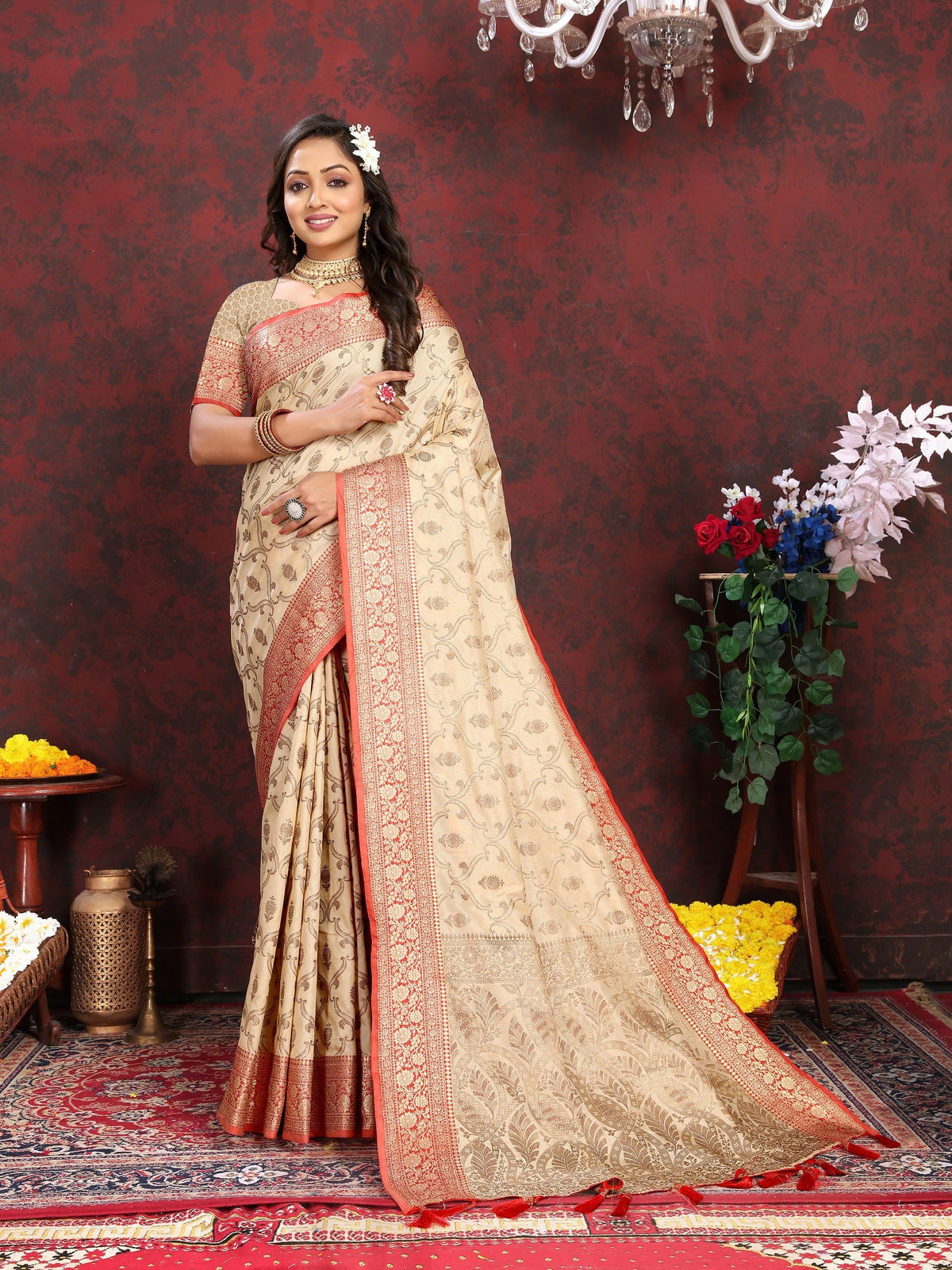 Vedant Vastram Beige Color Banarasi Silk Saree - Beige | Grocsy