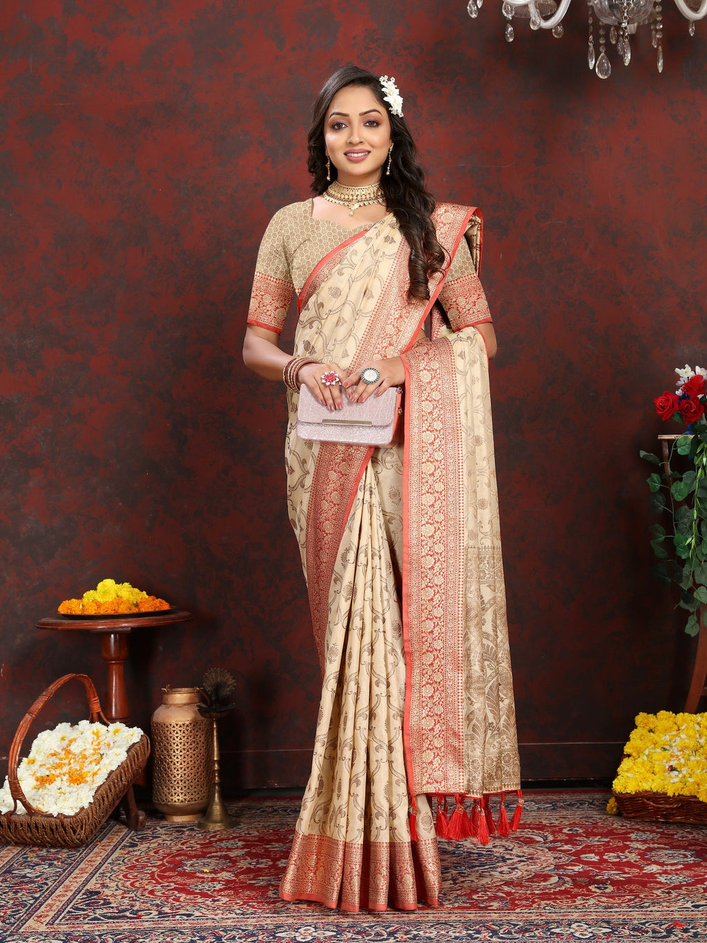Vedant Vastram Beige Color Banarasi Silk Saree - Beige | Grocsy