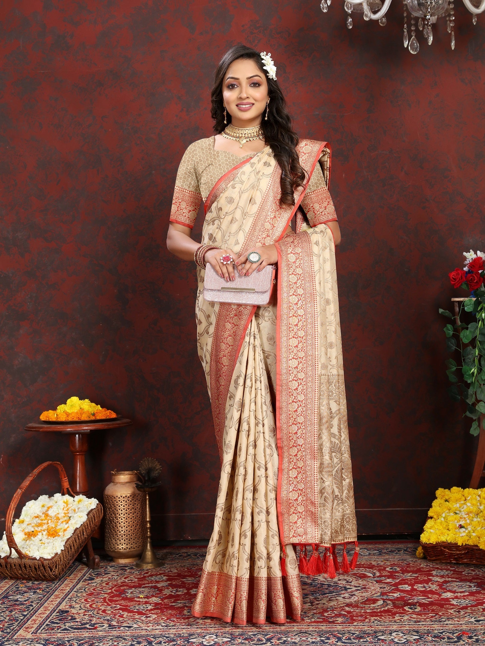 Vedant Vastram Beige Color Banarasi Silk Saree - Beige | Grocsy