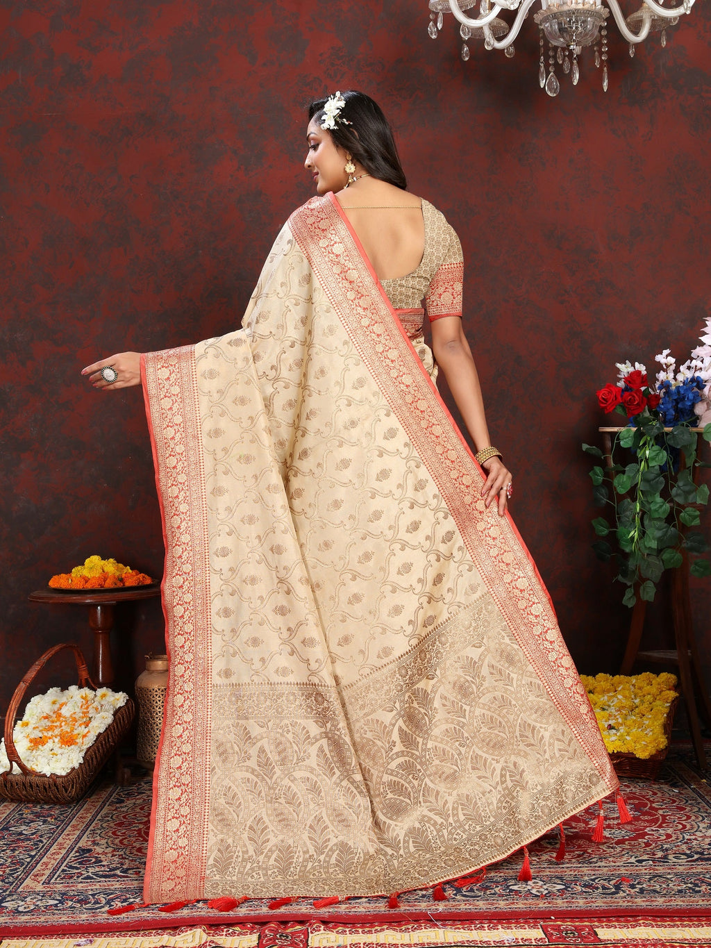 Vedant Vastram Beige Color Banarasi Silk Saree - Beige | Grocsy