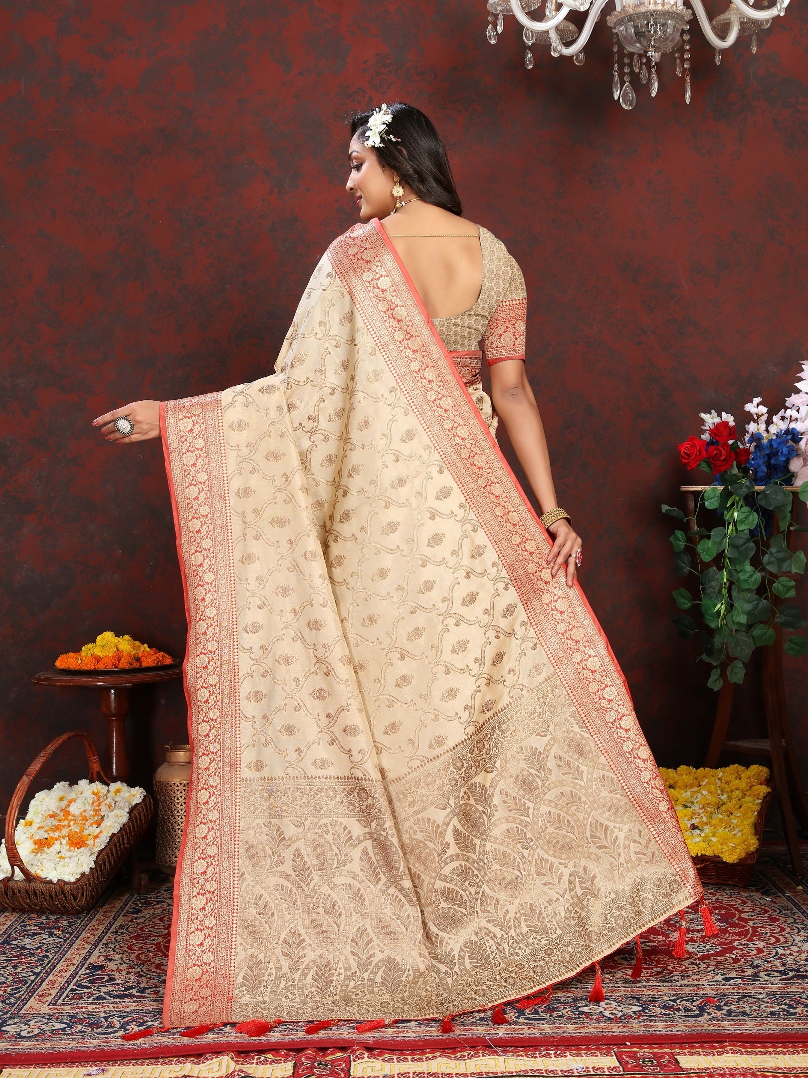 Vedant Vastram Beige Color Banarasi Silk Saree - Beige | Grocsy
