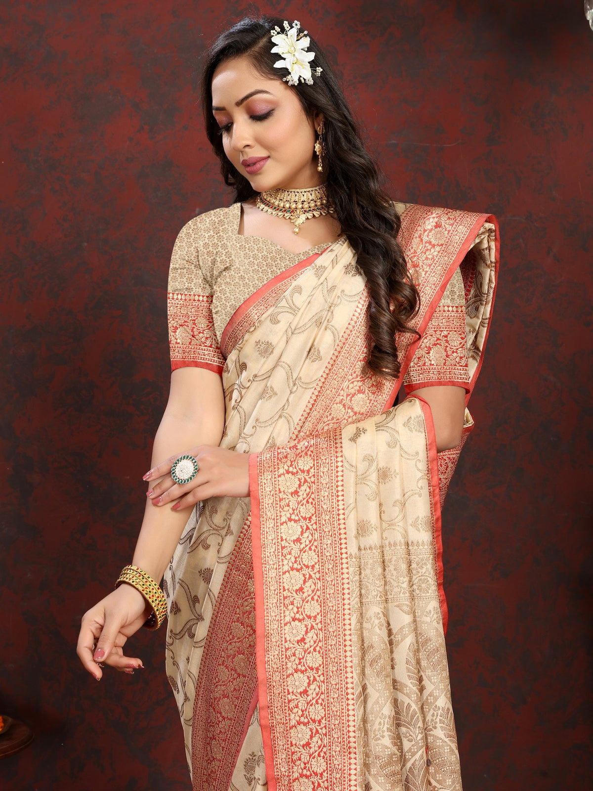 Vedant Vastram Beige Color Banarasi Silk Saree - Beige | Grocsy