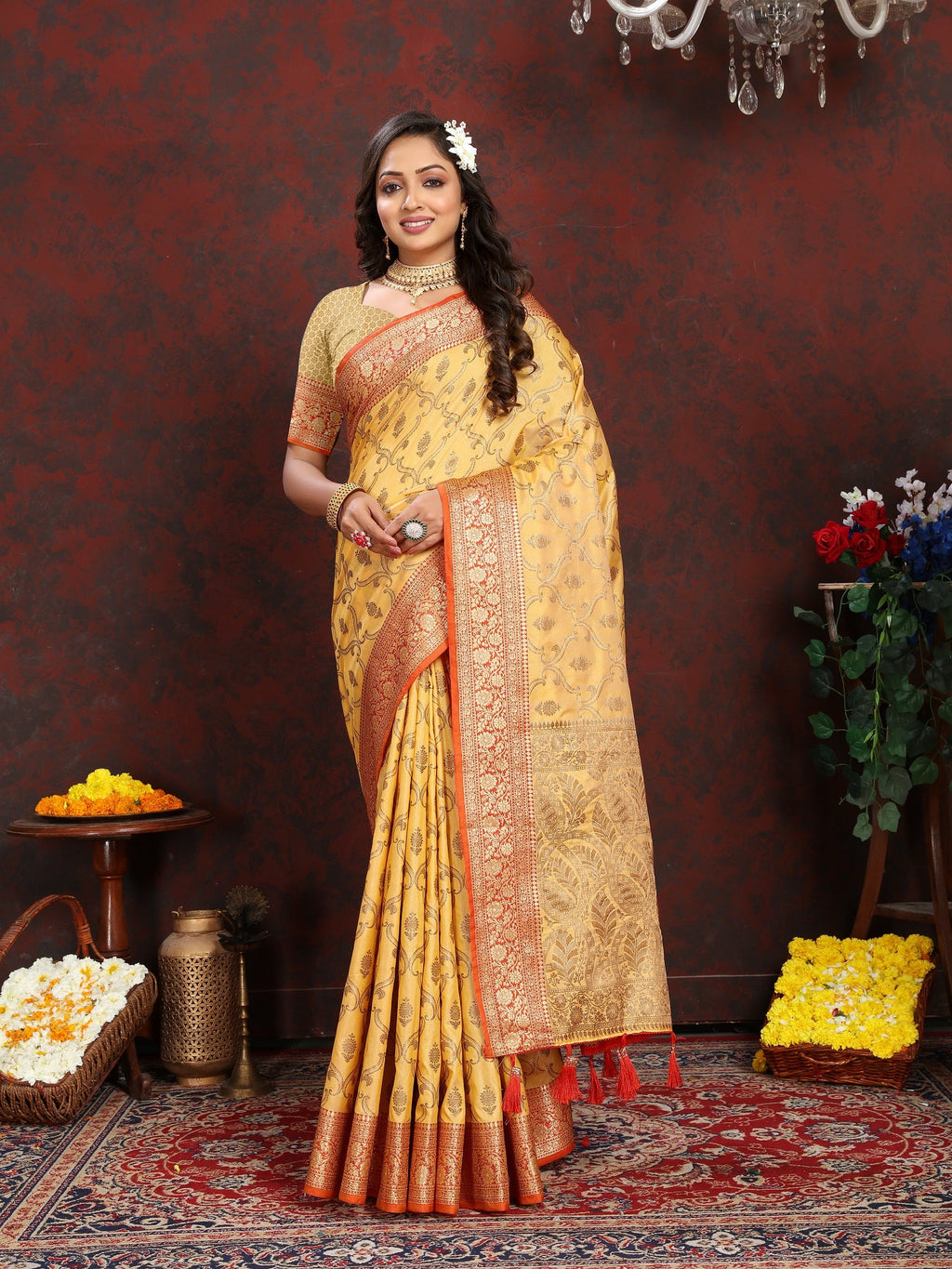 Vedant Vastram Mustard Color Banarasi Silk Saree - Mustard | Grocsy