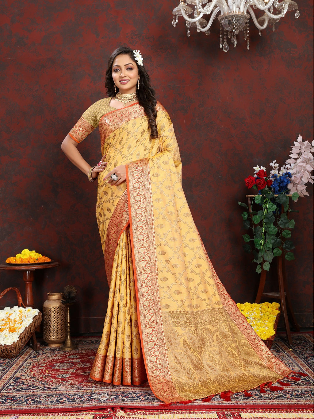 Vedant Vastram Mustard Color Banarasi Silk Saree - Mustard | Grocsy