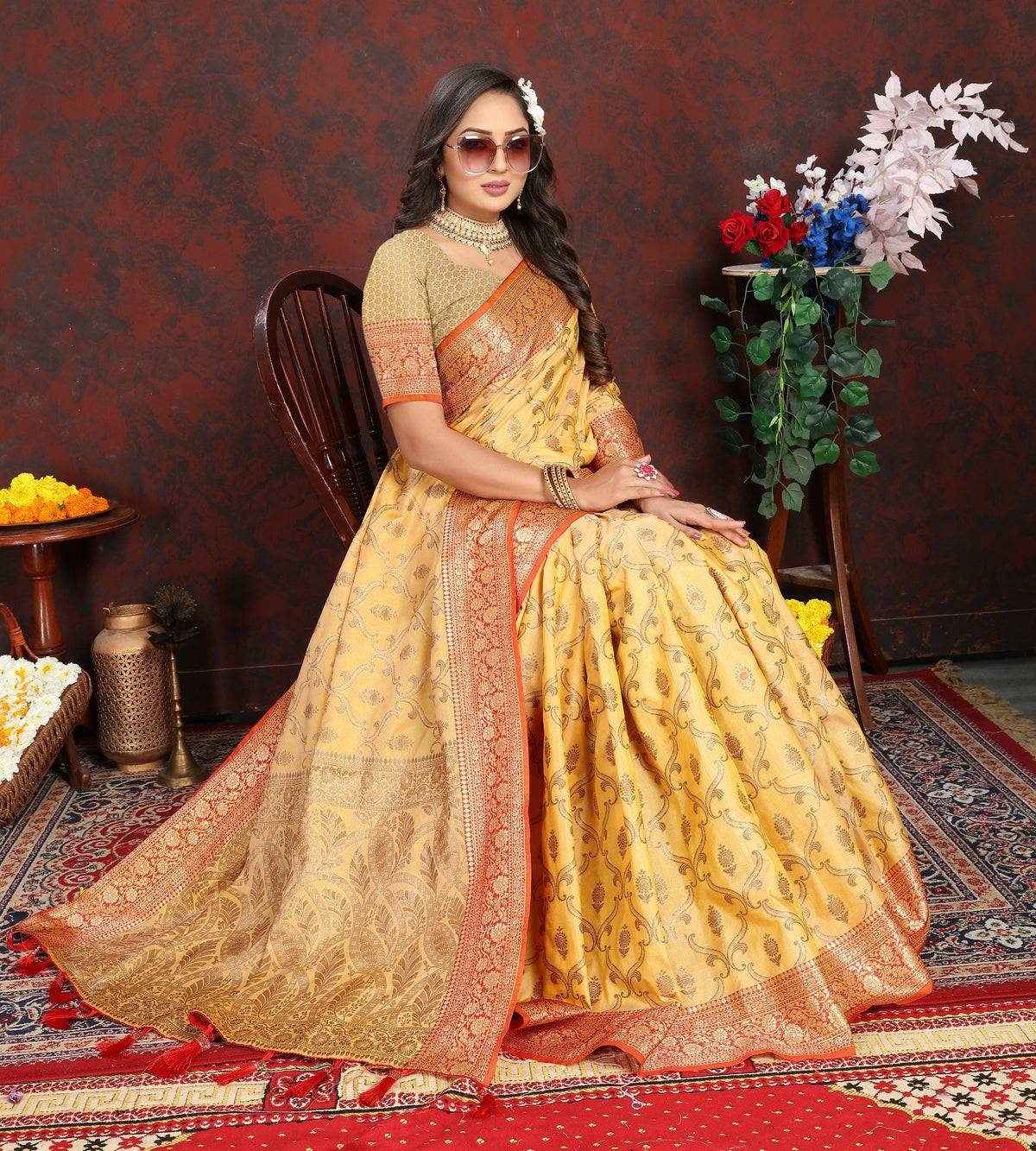 Vedant Vastram Mustard Color Banarasi Silk Saree - Mustard | Grocsy