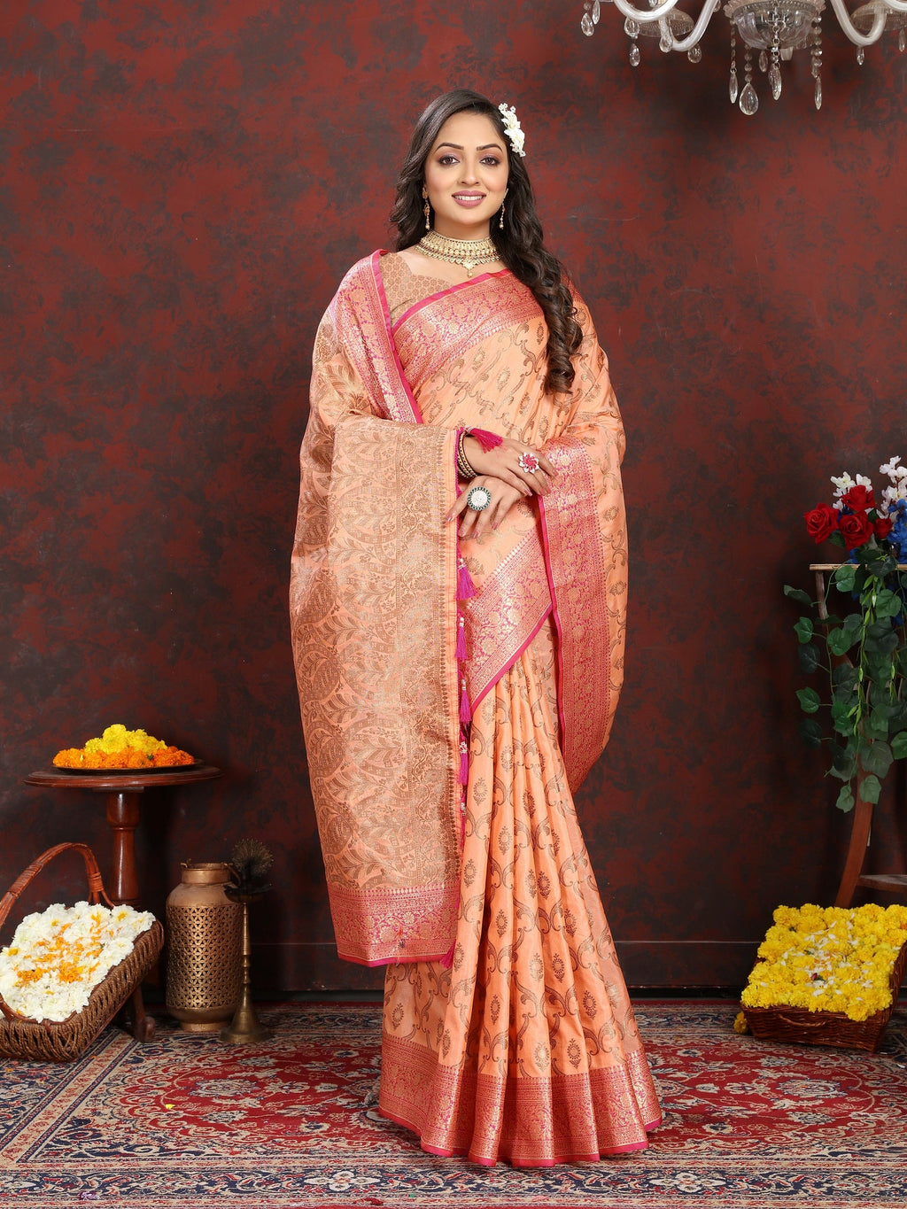 Vedant Vastram Peach Color Banarasi Silk Saree - Peach | Grocsy