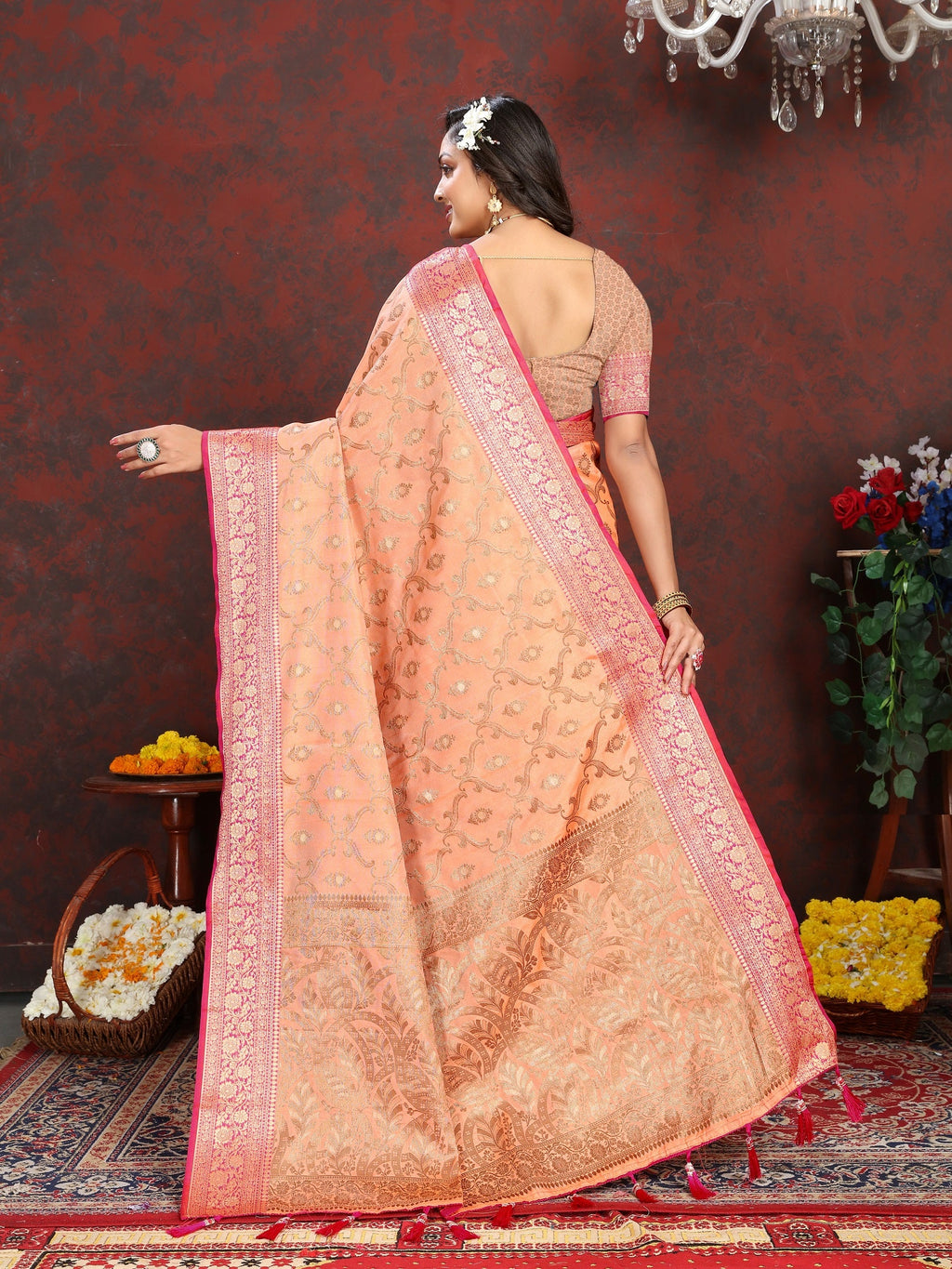 Vedant Vastram Peach Color Banarasi Silk Saree - Peach | Grocsy